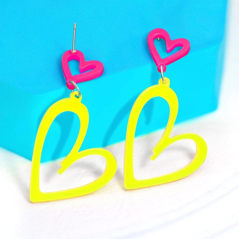 HOLYRY Neon Heart Earrings for Women Acrylic Neon Earrings 80s 90s Outfit for Women Glow Party Accessories Gifts Hot Pink Orange Green Yellow - Image 5